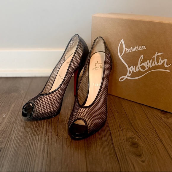 Christian Louboutin Shoes - Christian Louboutin Black Fishnet Peep Toe Heels | Size 38 | Red Sole